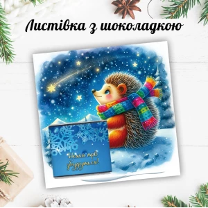 Изображение товара - Новогодняя открытка с мини шоколадкой “Ежик. Мечты сбываются“ (поштучно)