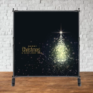 Изображение товара - Баннер Новогодний / Рождество 2х2м “Merry Chrismas“ (Черный фон, светящаяся елка)- Фотозона (виниловый)