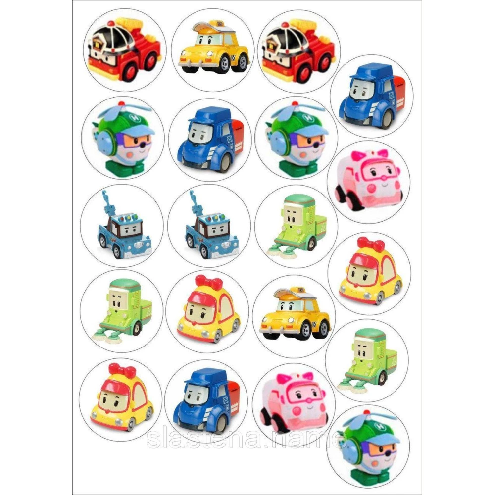 Вафельна картинка на круглий торт “Робокар Полі / Поллі / Robocar Poli“ А4 - На кекси (20 ел.)