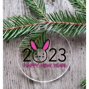 Изображение товара - Новогодний шар плоский прозрачный Символ года 2023 кролик “Happy New Year“  10 см (черный+малиновый)