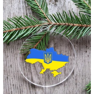 Изображение товара - Патриотический новогодний шар прозрачный плоский “Карта Украины с гербом“ 10см