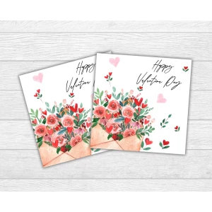 Изображение товара - Мини открытка на День святого Валентина. Конверт цветы Happy Valentine для подарков, цветов, букетов (бирочка)